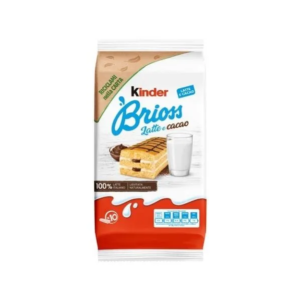 Paquete de Kinder Brioss Latte/Cacao 280g con bollos esponjosos rellenos de crema de leche y cacao.