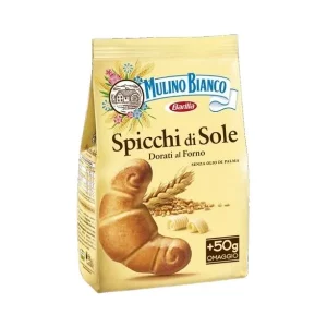 Paquete de Spicchi di Sole Mulino Bianco – galletas doradas de mantequilla y huevo sobre fondo blanco