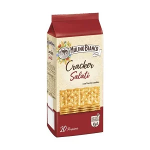 Paquete de 500g de Cracker Salati Mulino Bianco sobre fondo blanco, mostrando los crackers italianos tradicionales con sabor salado.