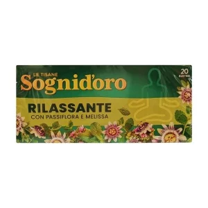 Caja de infusión Sognid’Oro Rilassante con ilustración de flores relajantes como melisa y pasiflora